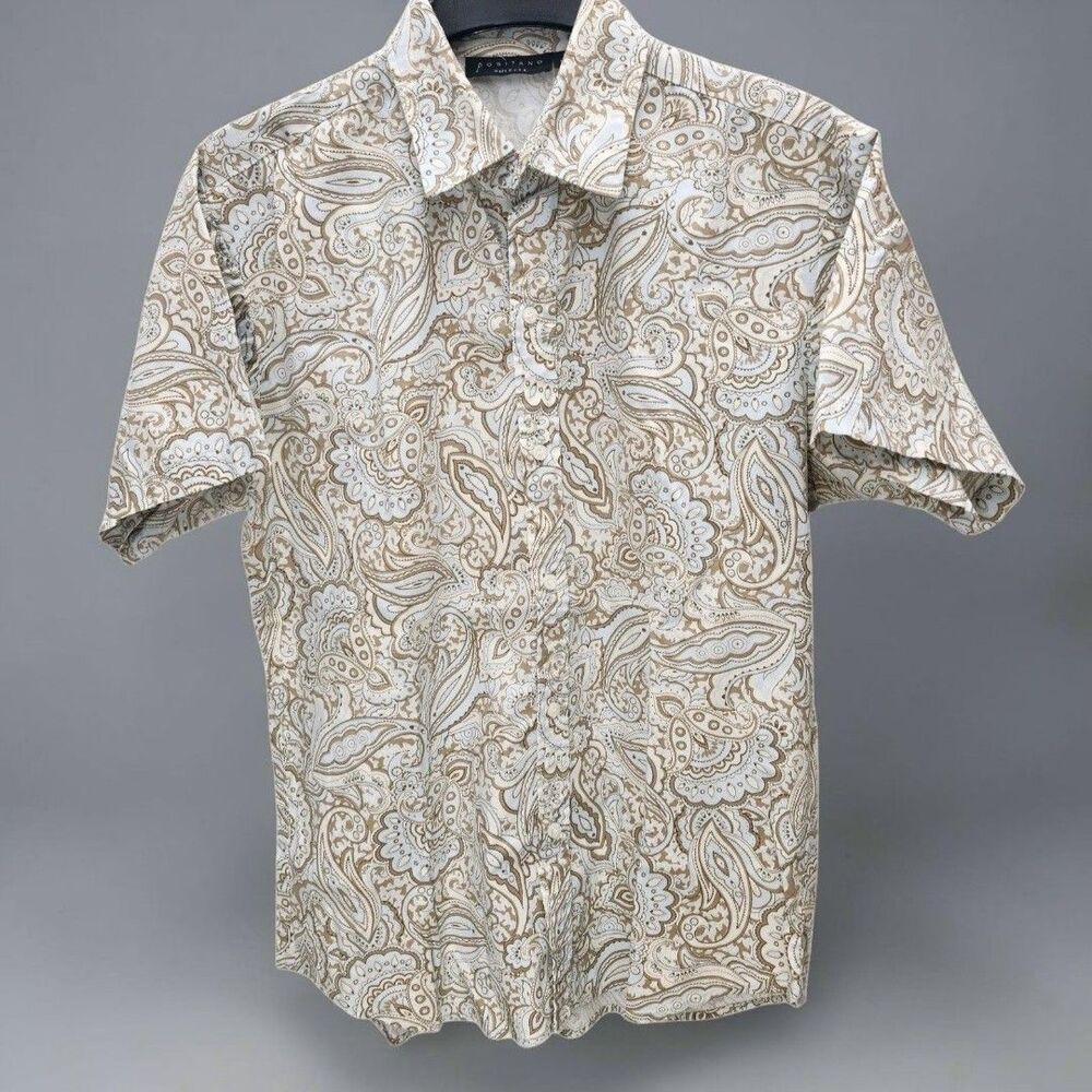 Positano Button Up Shirt Mens Large Blue Tan Paisley Refined Preppy Vintage 90s